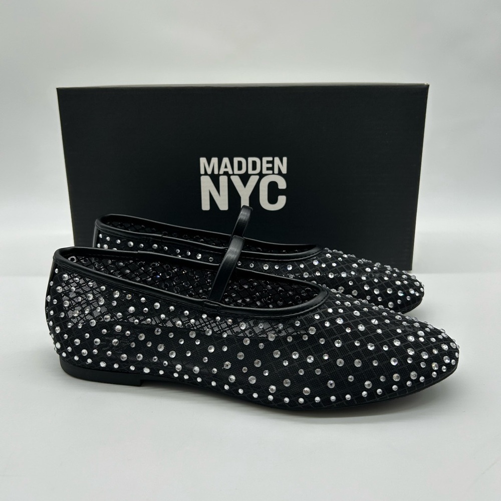 Madden NYC Black Mesh Rhinestone Mary Jane Flats | Size 10 Vegan | New with Box - Picture 11 of 11